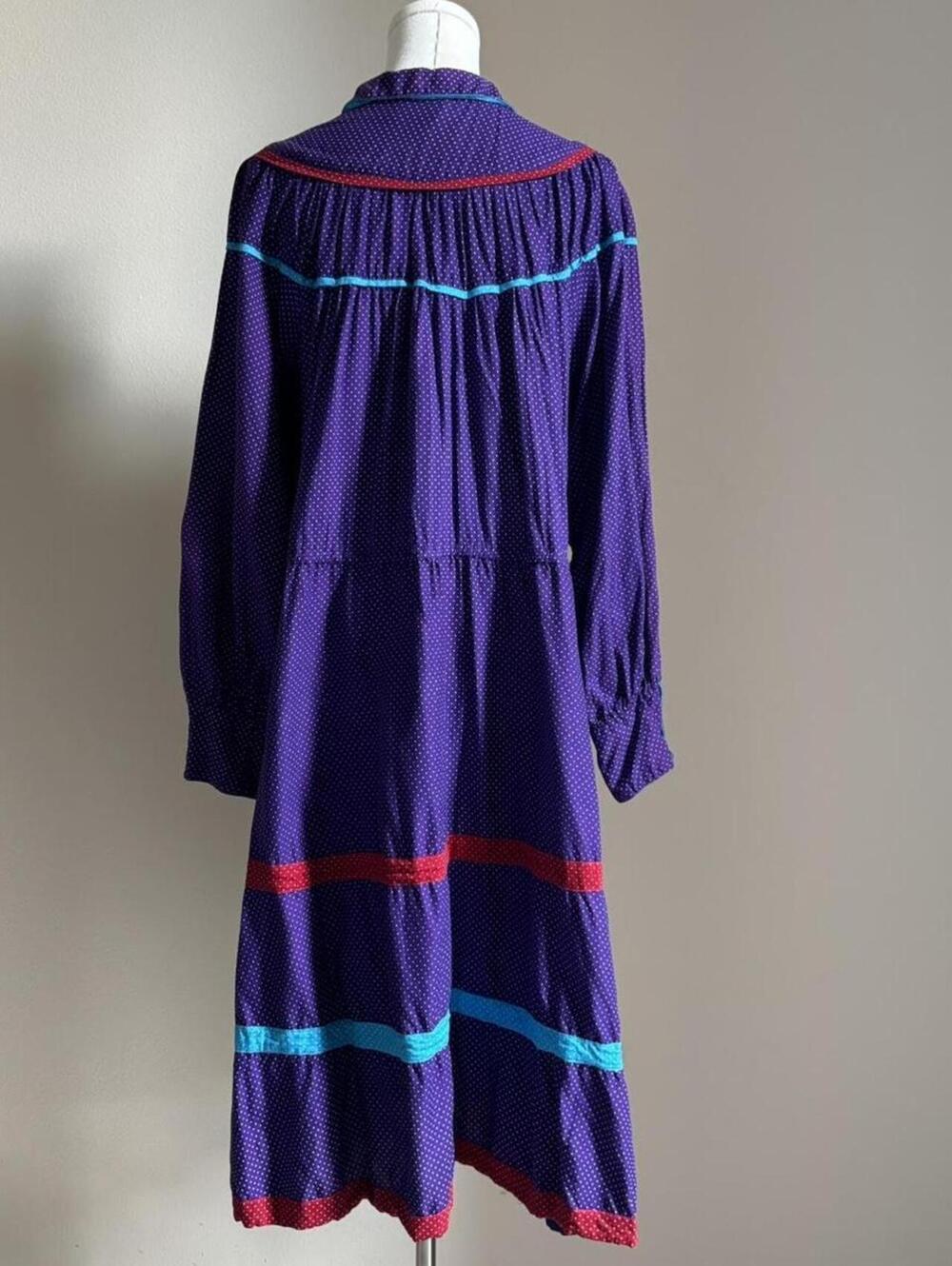 Vintage Cotton Prairie Dress Purple Polka Dot Midi Maxi M - Picture 4 of 8